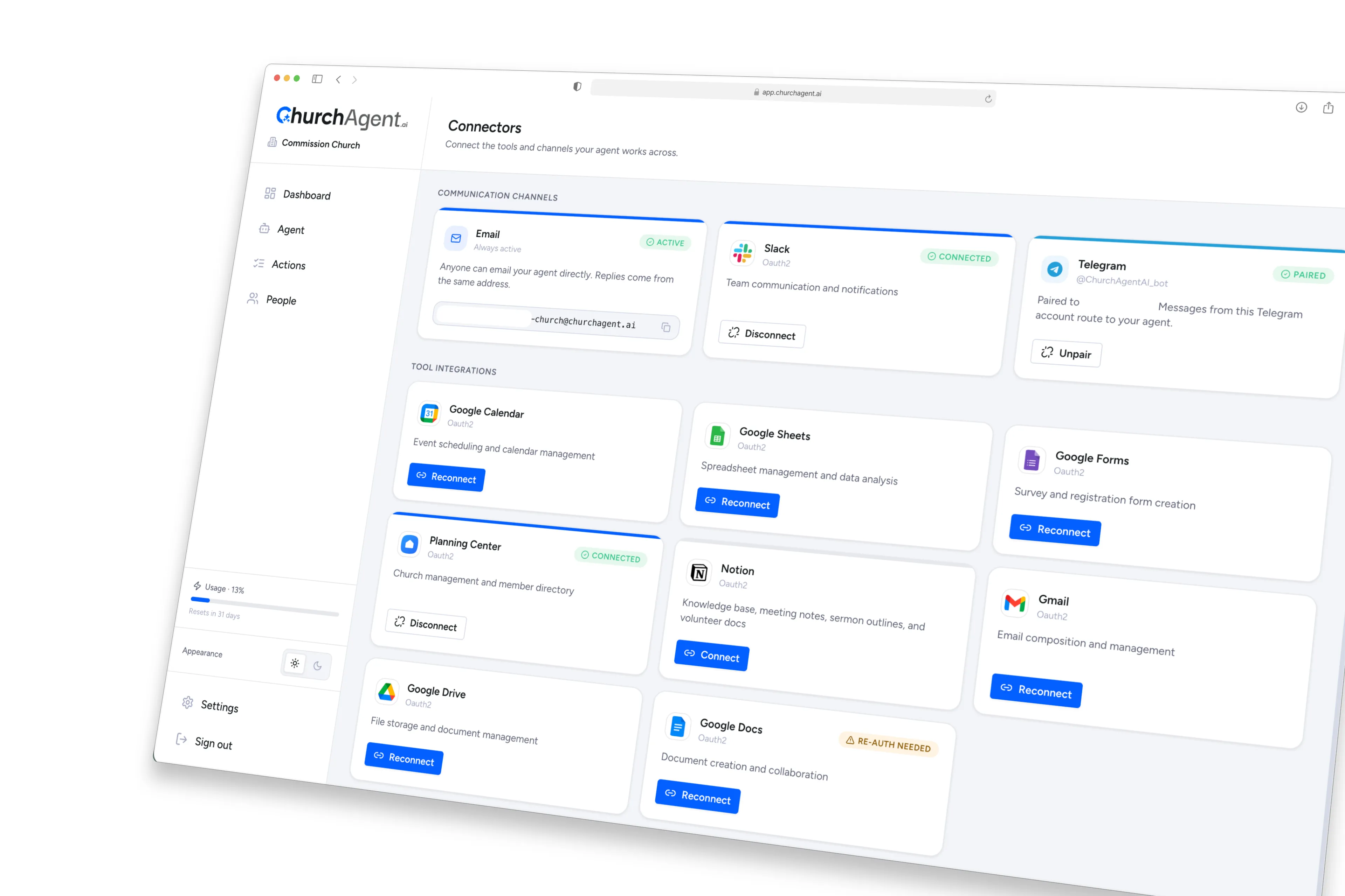 ChurchAgent connectors — connect your existing tools